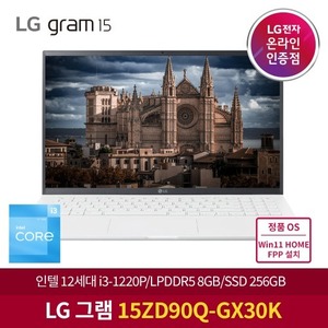 LG 그램 15ZD90Q-GX30K 12세대i3/램8GB/NVMe256GB/최신 휴대용 사무용 + Windows 11 Home FPP 설치 노트북